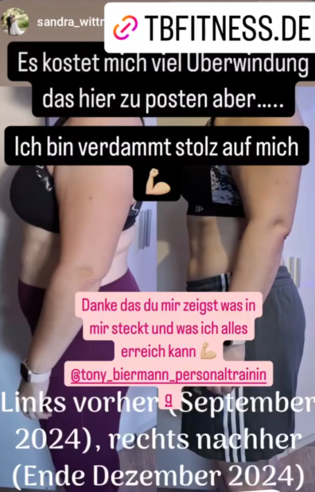 Fitnessbeitrag mit zwei Frauen: eine im Training, die andere nach dem Workout sichtbar stolz.
