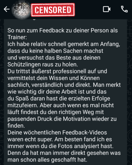 Kundenfeedback Personal Trainer wird vom Kunden bewertet